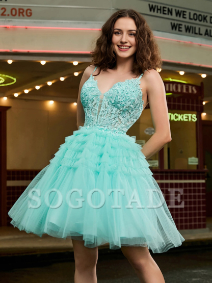 Tight corset top, sheer layered short Homecoming dress