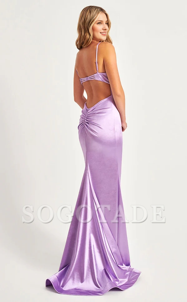Mermaid V collar with pleated neckline, backless satin side slit and floor length Prom dress