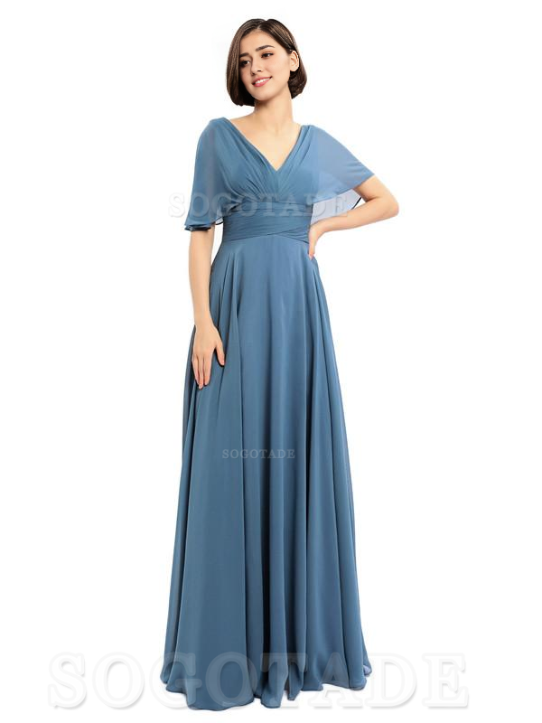  V-Neck Cap Sleeves Sleeves Chiffon Long Elegant Bridesmaid Dresses Formal Wear Dresses