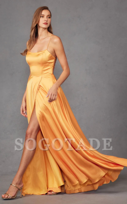 Thin shoulder strap satin backless slit and floor length Prom dress