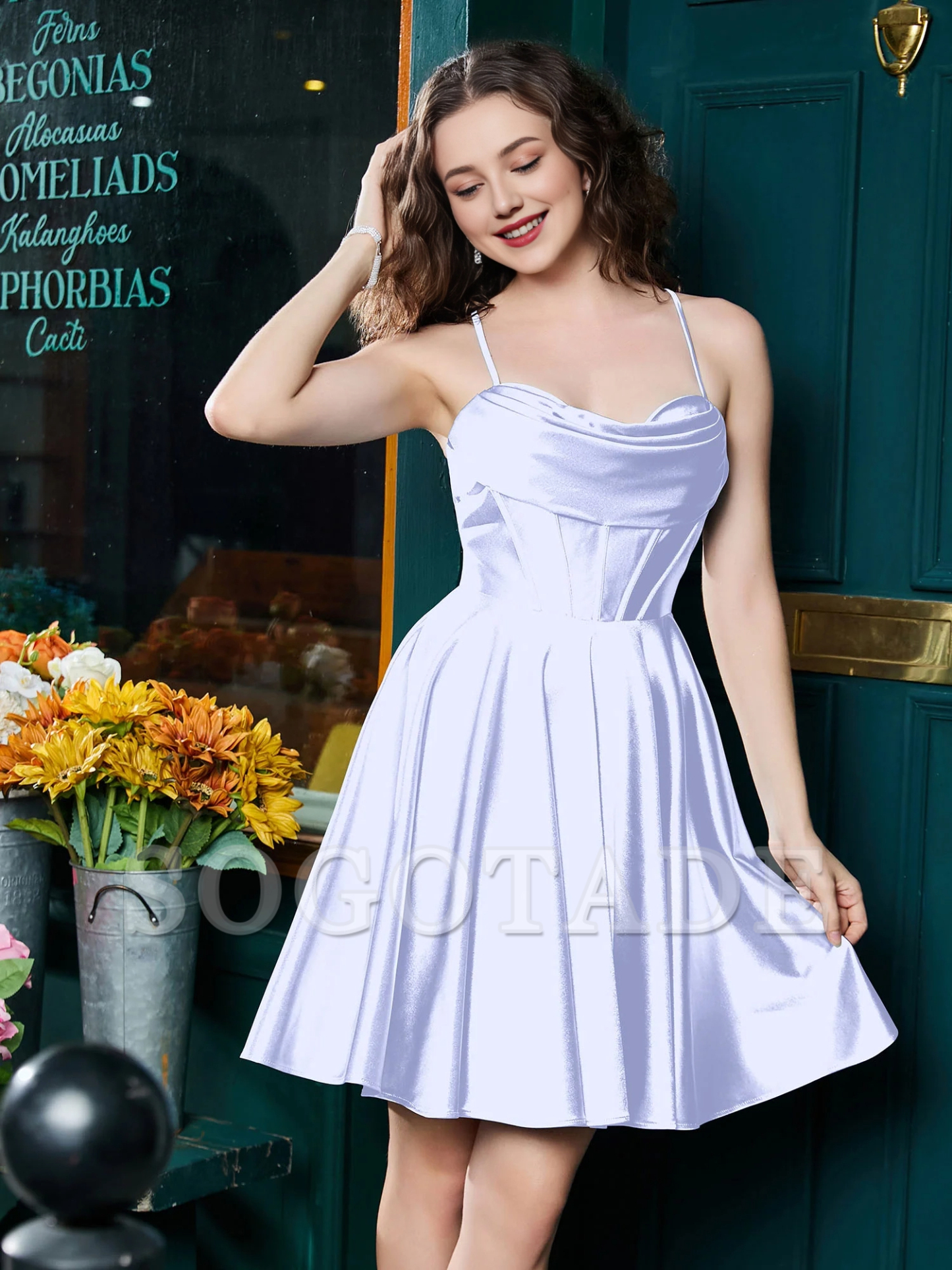 Thin shoulder strap tied with  satin mini Homecoming dress