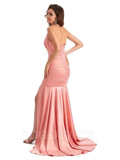 Mermaid Halter V-neck Satin formal dresses evening gown Bridesmaid Dresses With Side Slit 