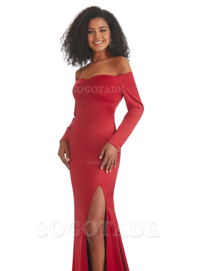 Mermaid Long Sleeve Satin formal dresses evening gown Bridesmaid Dresses With Side Slit 