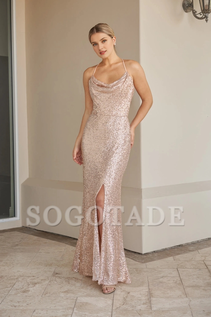 A-line thin shoulder strap scarf sequined neckline keyhole style backless bridesmaid dress