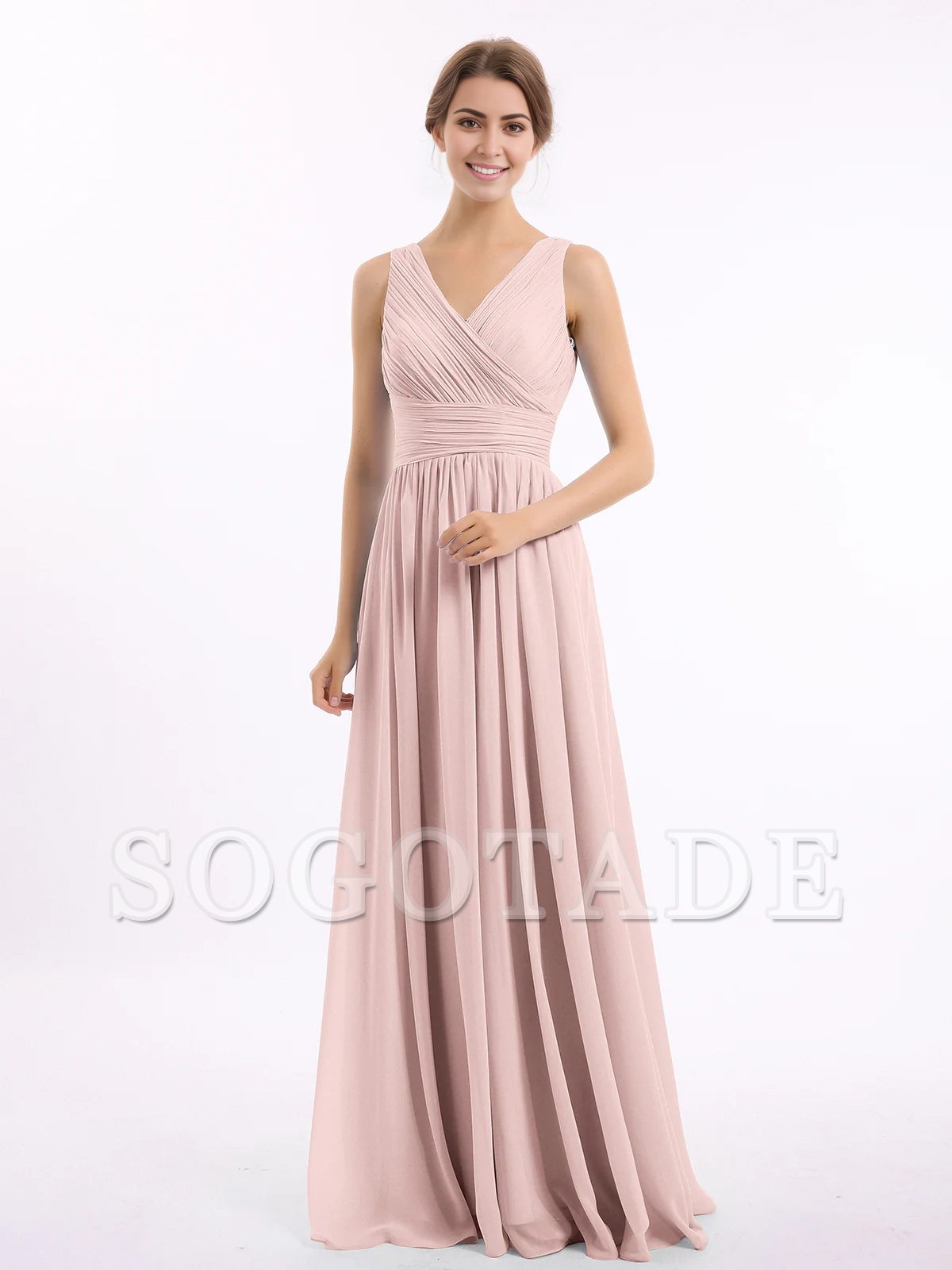 V-neck and floor chiffon dress