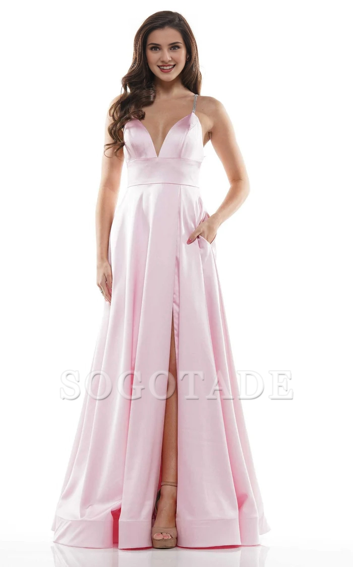 A-line V-neck sleeveless tight corset with side slits and floor length evening gown