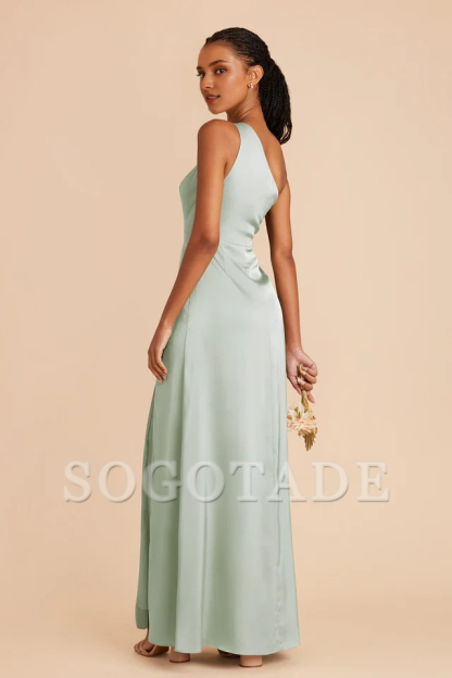 One shoulder collar fully lined trumpet shaped mermaid slit bridesmaid dress