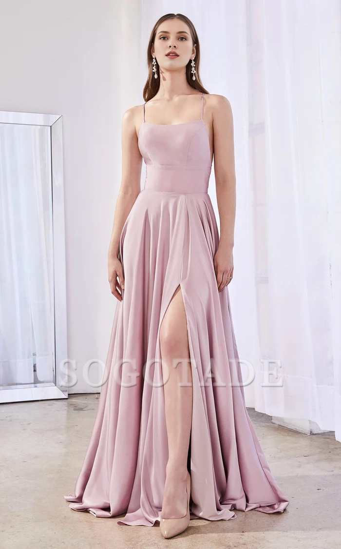 A-line square neckline sleeveless tight corset with side slits and floor length gowns evening dresses
