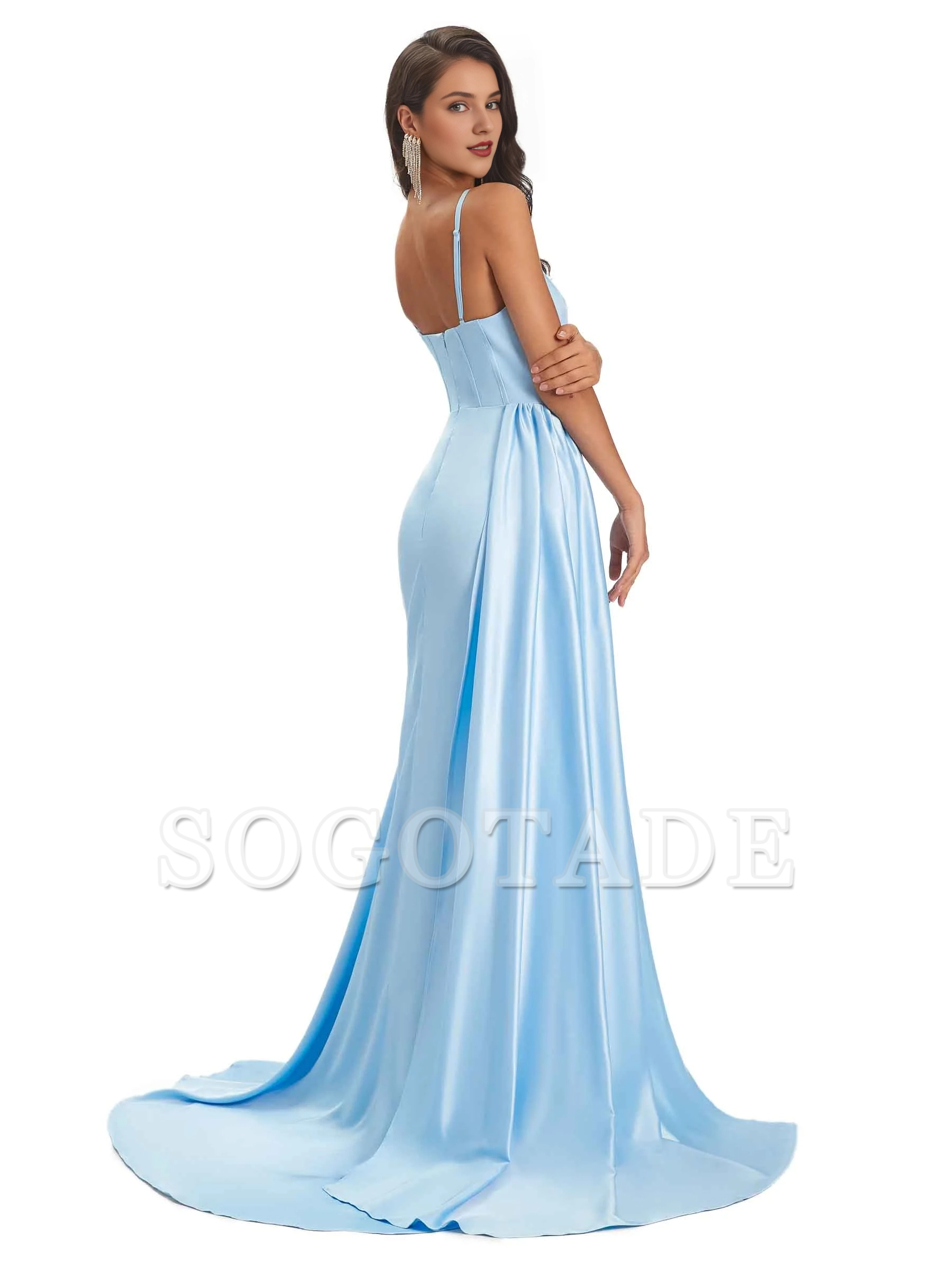 Sexy and soft satin side slit thin shoulder strap long mermaid unique bridesmaid dress