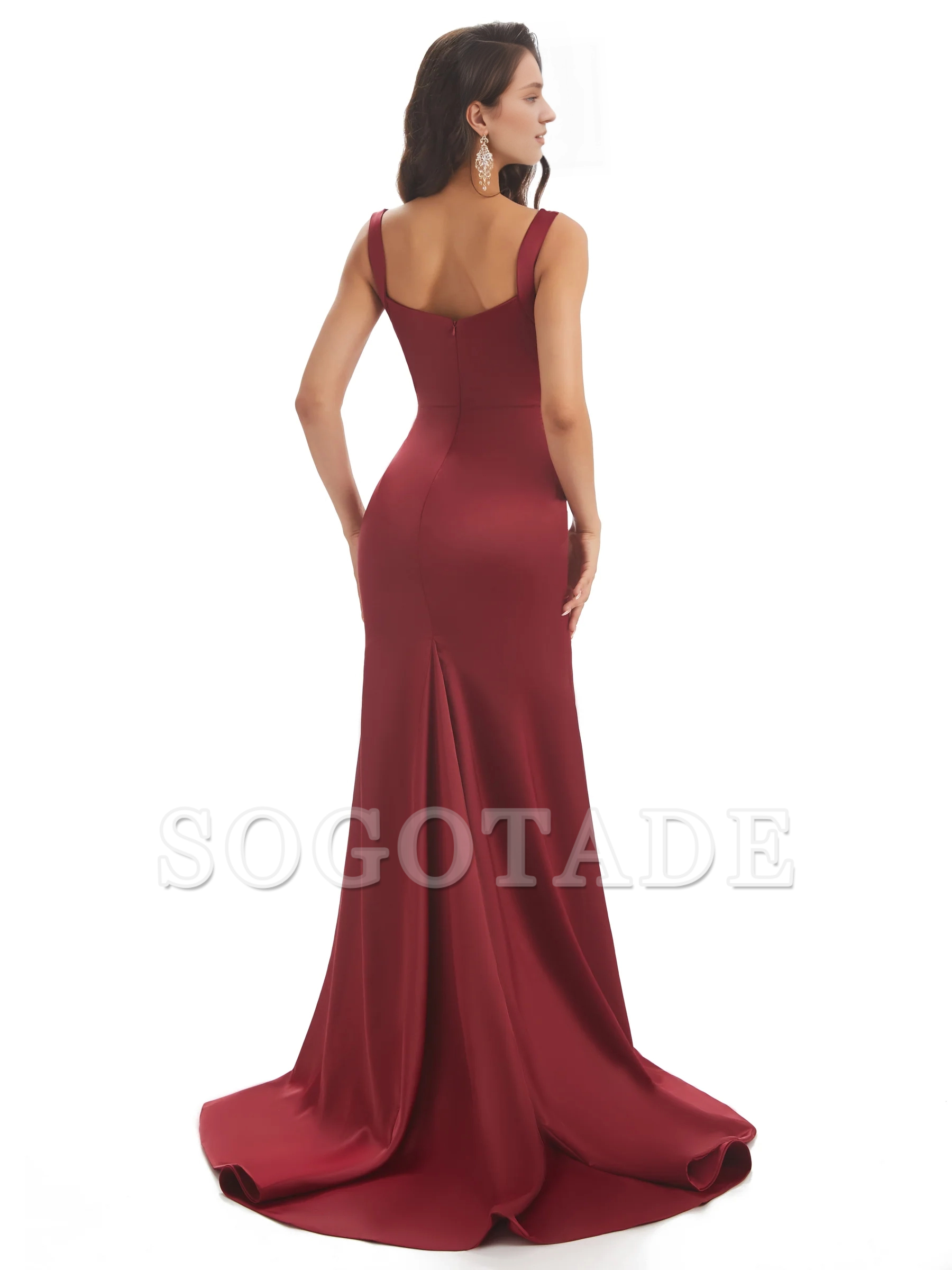 Sexy and soft satin side slit shoulder strap square and floor length fishtail bridesmaid dress