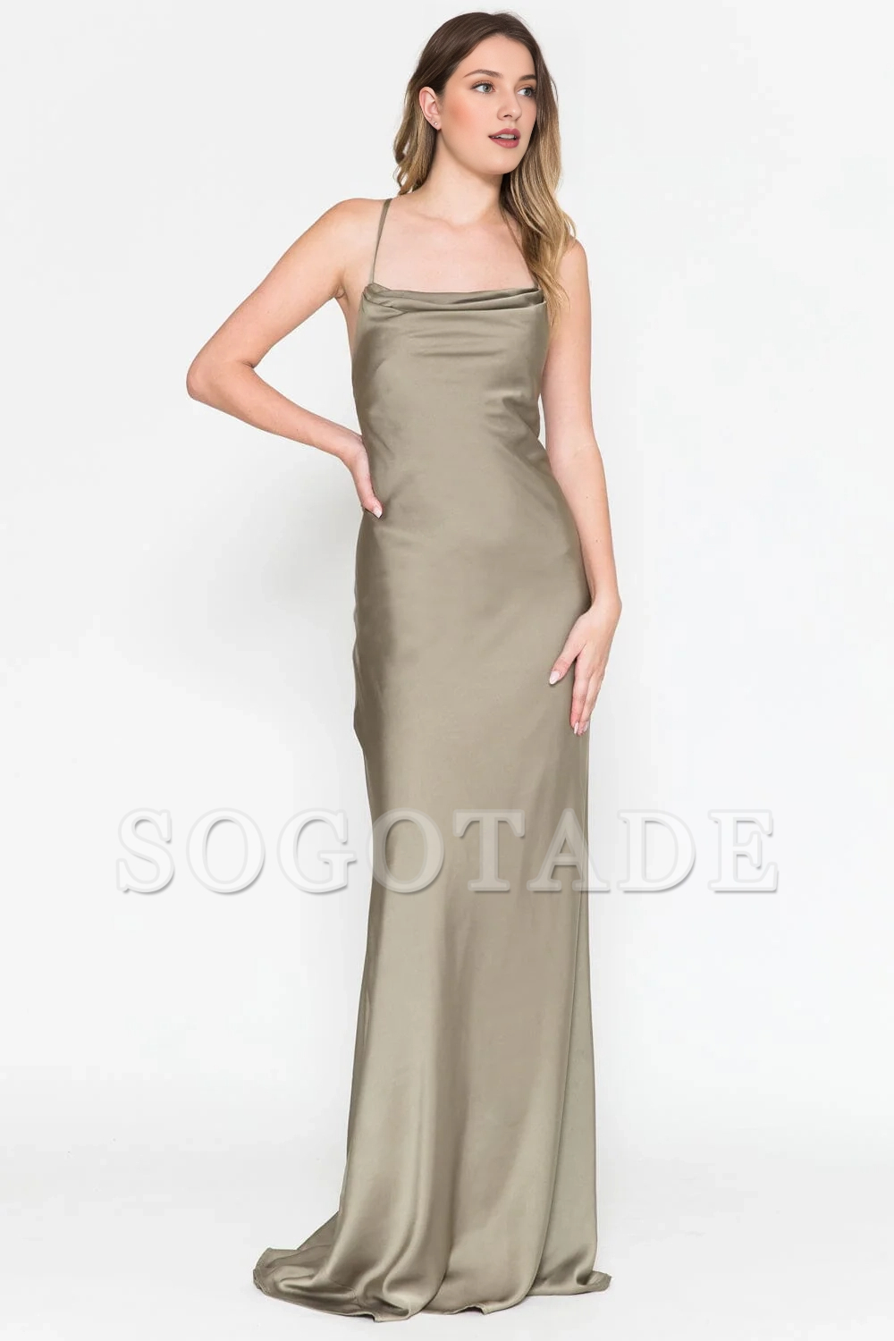 Long sleeveless high neck satin dress