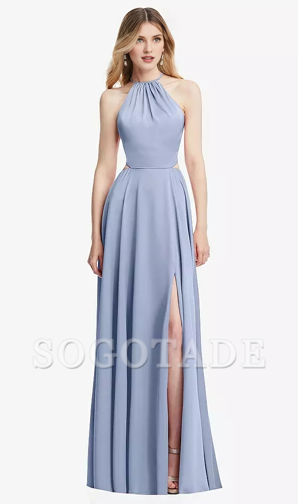 Hanging neck cross strap pleated back strap hollowed out long Prom dress