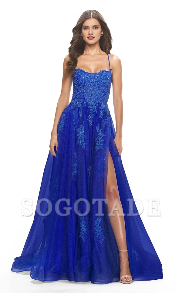 A-line deep straight neckline beaded lace tight corset sheer and floor length Prom ress-SOGOTADE