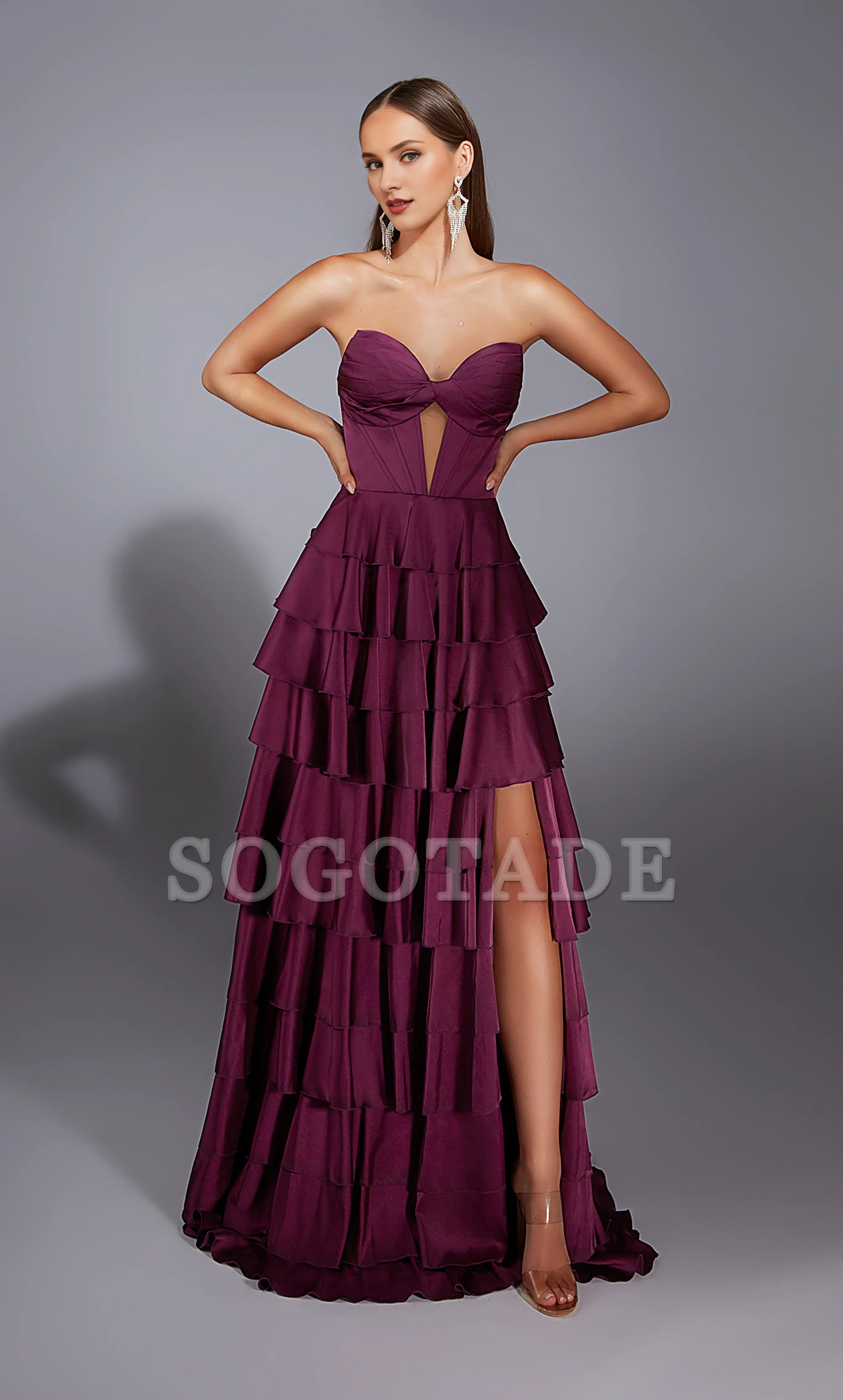 Satin chiffon deep V-neckline A-line evening gown with lace up tight corset slit long formal dress
