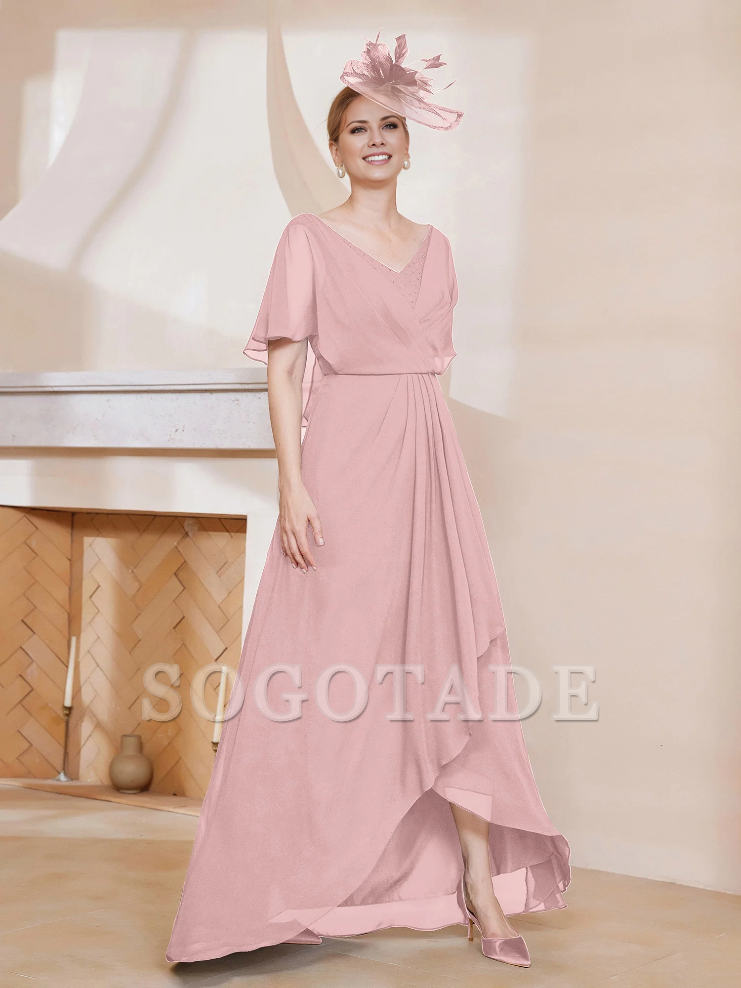 V-neck ruffle sleeves asymmetrical mother of the bride dress
