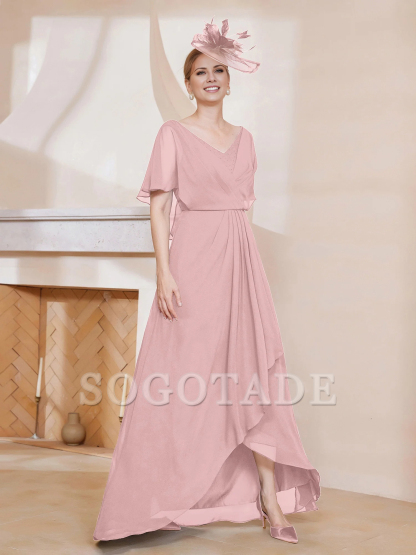 V-neck ruffle sleeves asymmetrical mother of the bride dress
