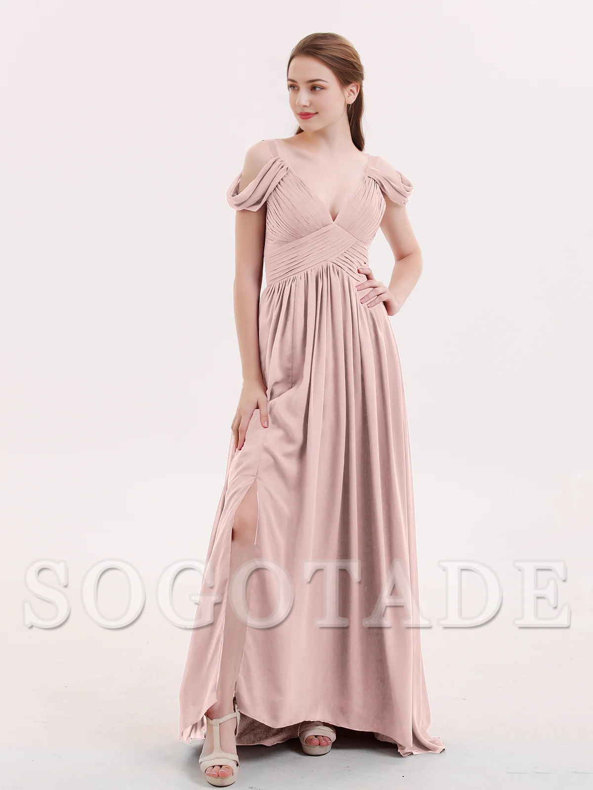 Deep V-neck sexy slit chiffon dress