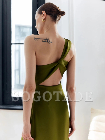 Asymmetric satin backless slim fit godons even dresses