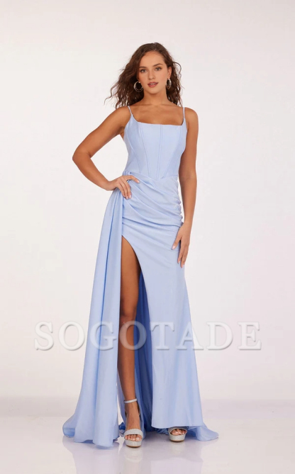 Square neck slim shoulder strap sleeveless side slit and floor length Prom dress