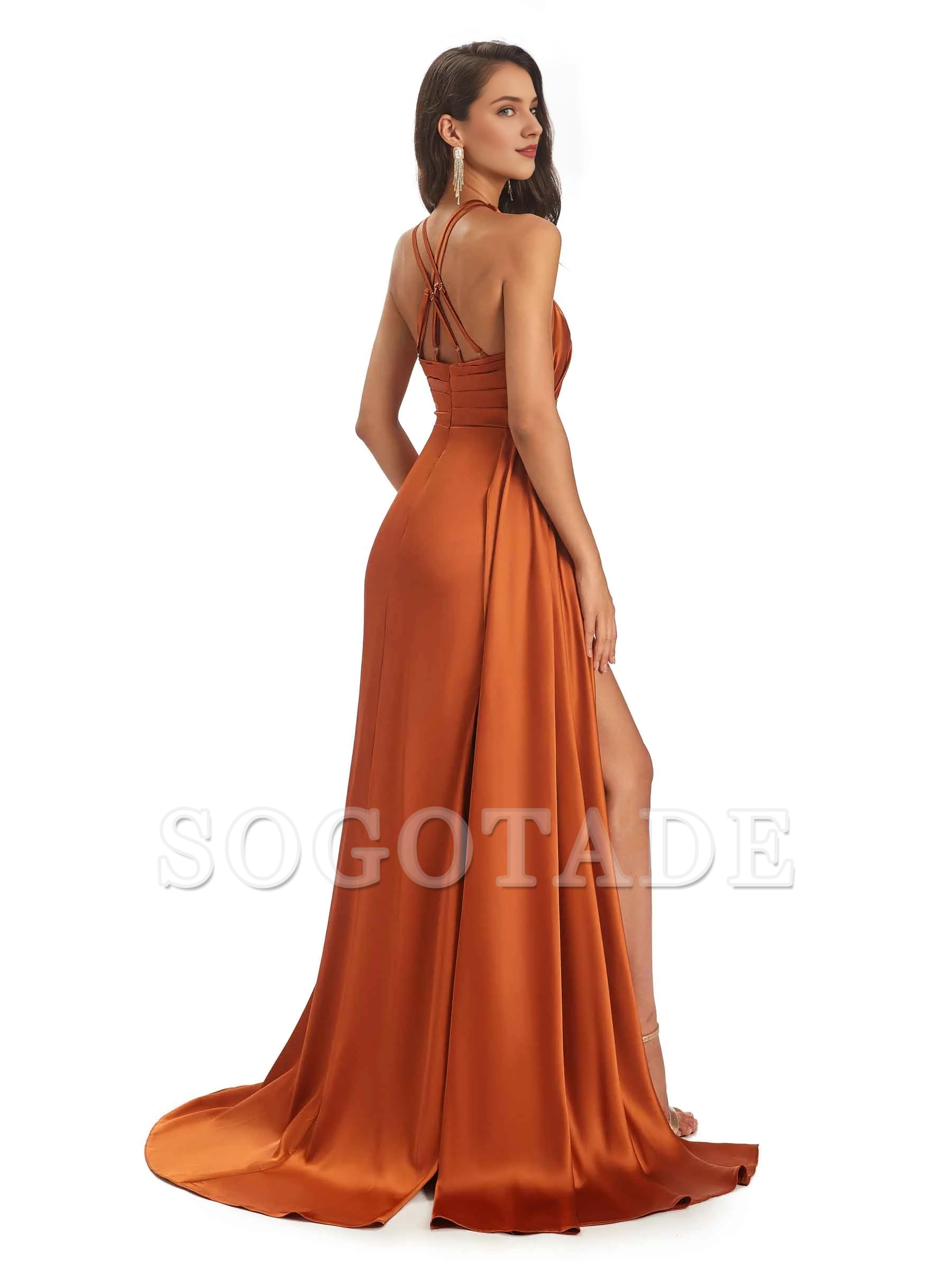 Sexy and soft satin hanging neck side slit and floor length fish tail bridesmaid dress