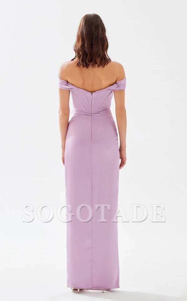 A-line off shoulder tight corset with side slits and floor length evening dress
