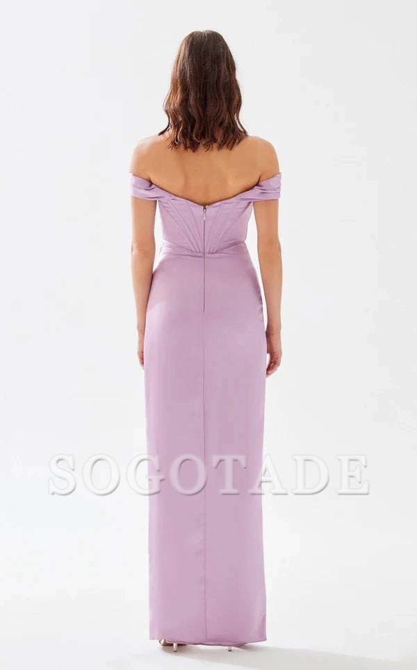 A-line off shoulder tight corset with side slits and floor length evening dress