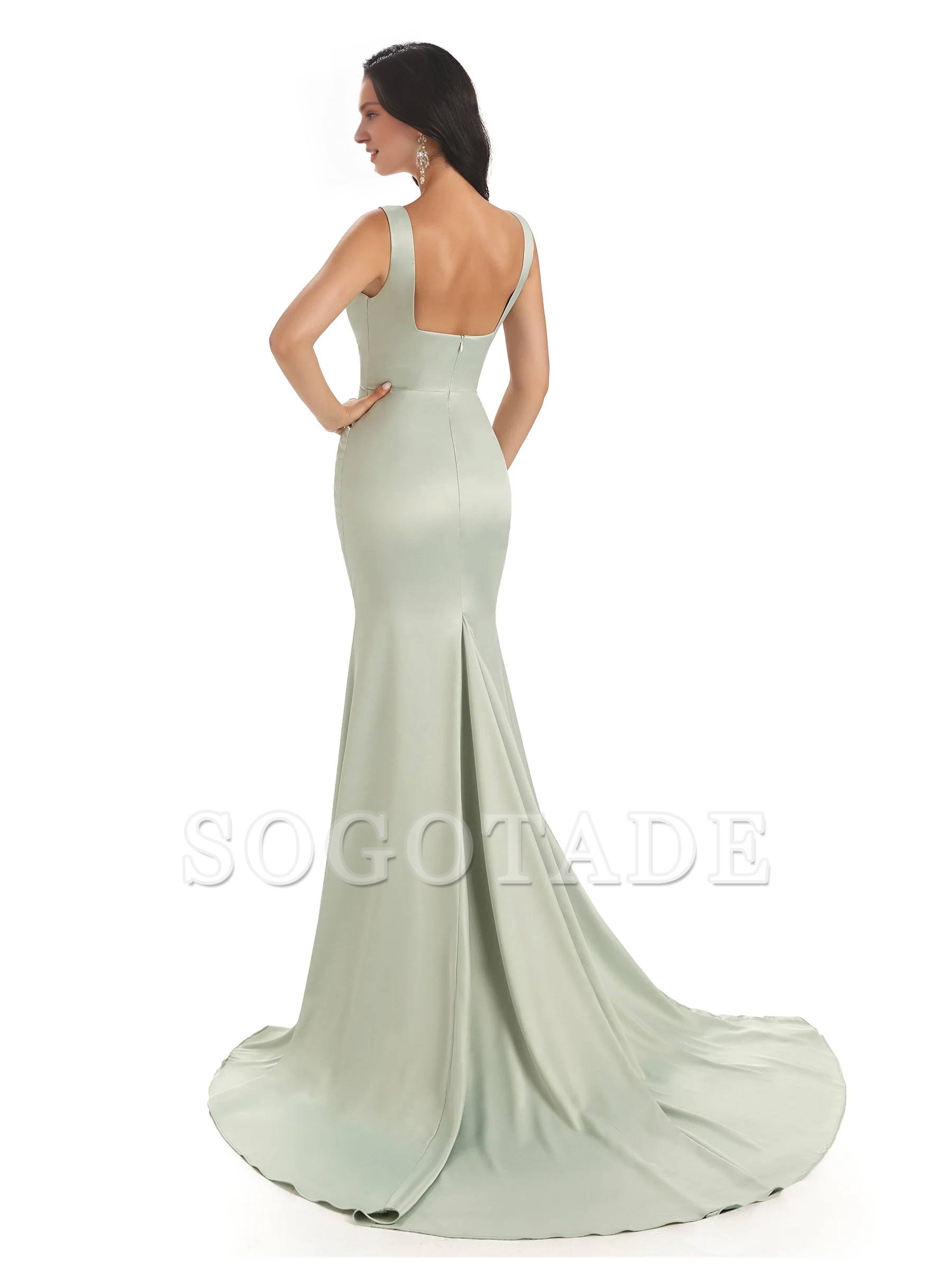 Soft satin unique square neck extra long fish tail bridesmaid dress