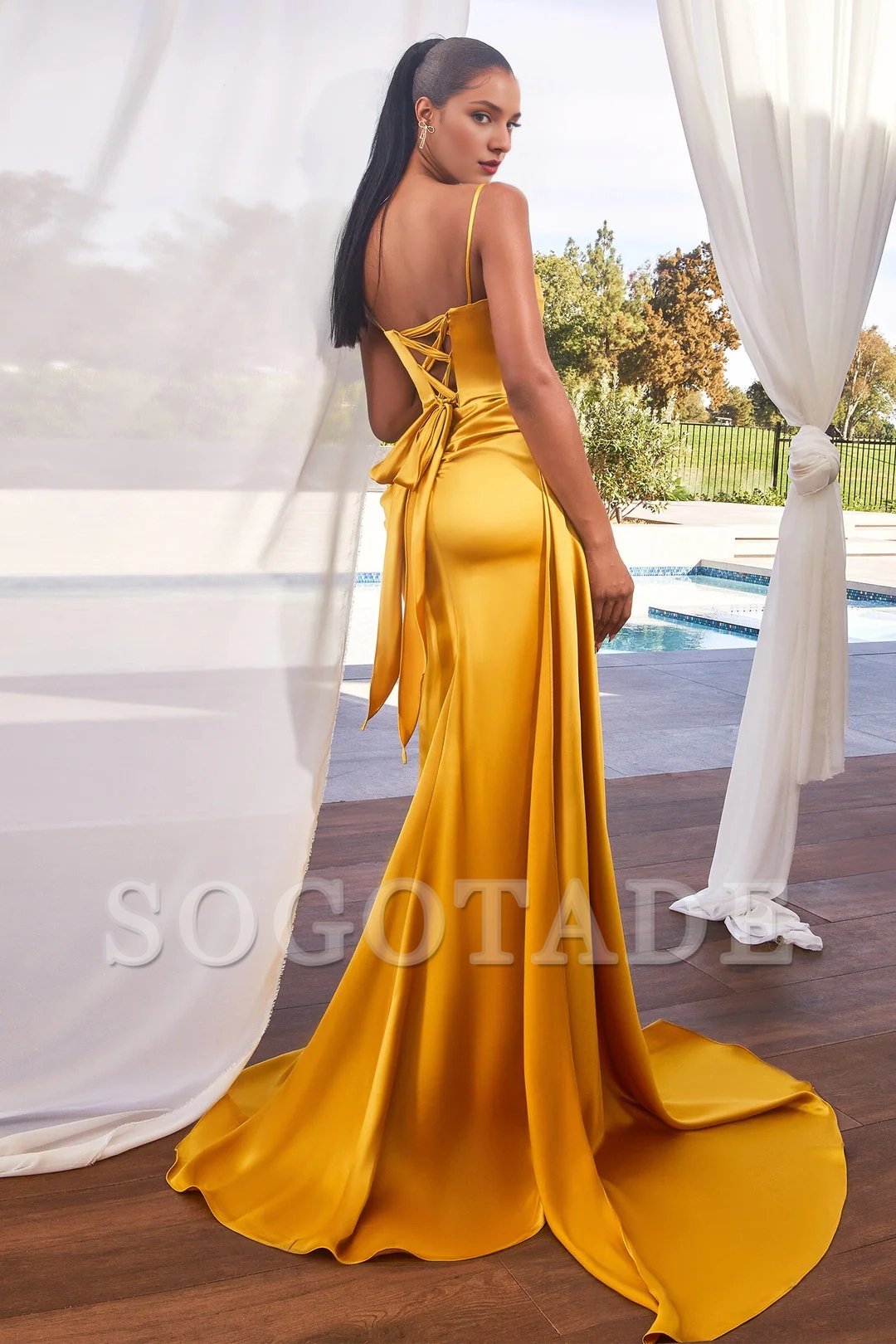 Fitted slit skirt with beaded sleeveless satin dress