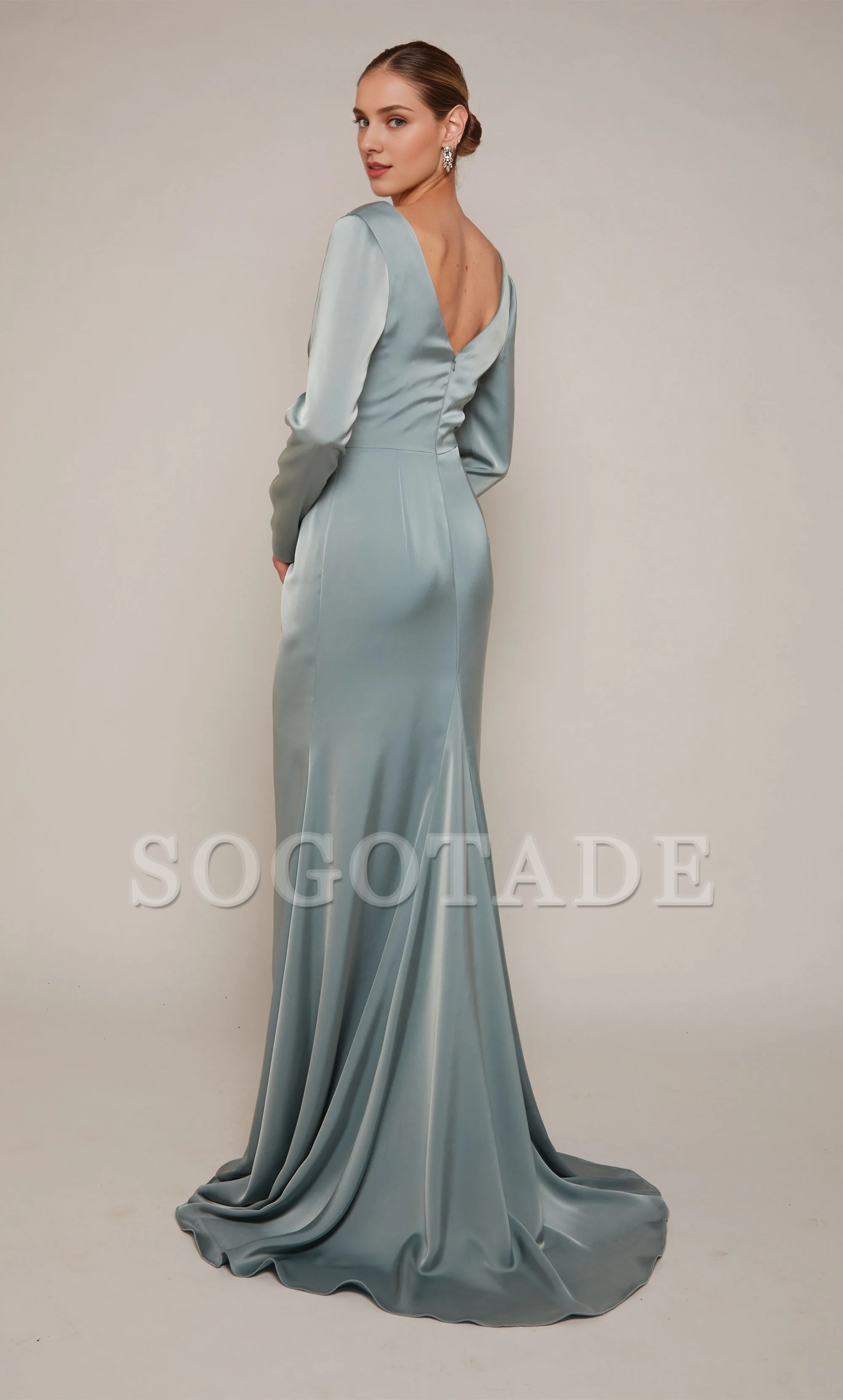 Satin V-neck straight tube front slit formal long mothers of the bride dresses