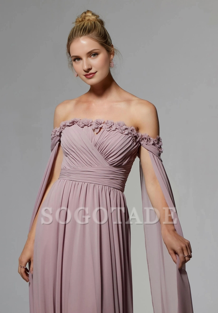 Chiffon off shoulder asymmetrical pleated tight corset with straight neckline and evening dress