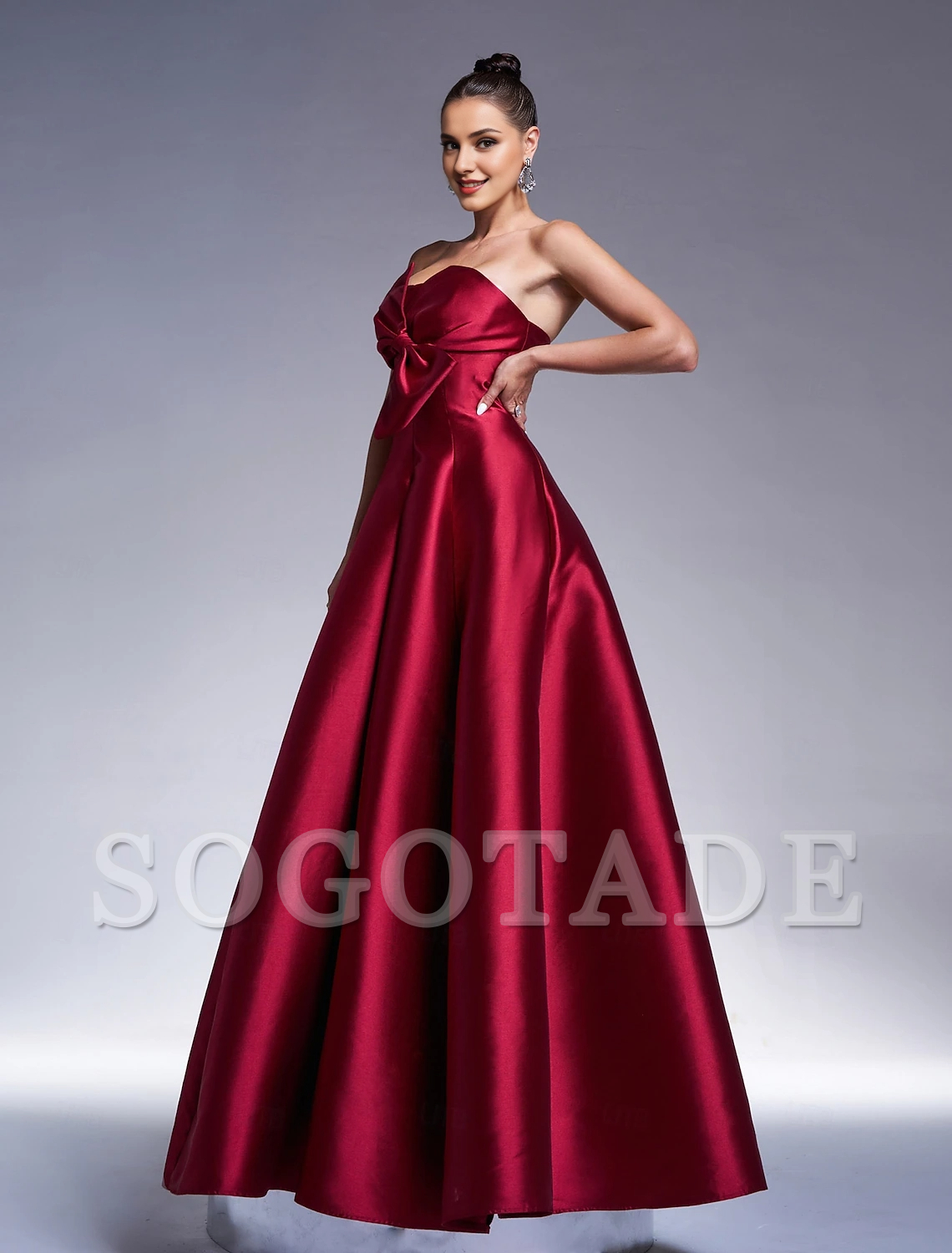 A-line evening gown sparkling dress formal and floor long sleeved strapless satin bow 2024 gowns evening dresses-SOGOTADE