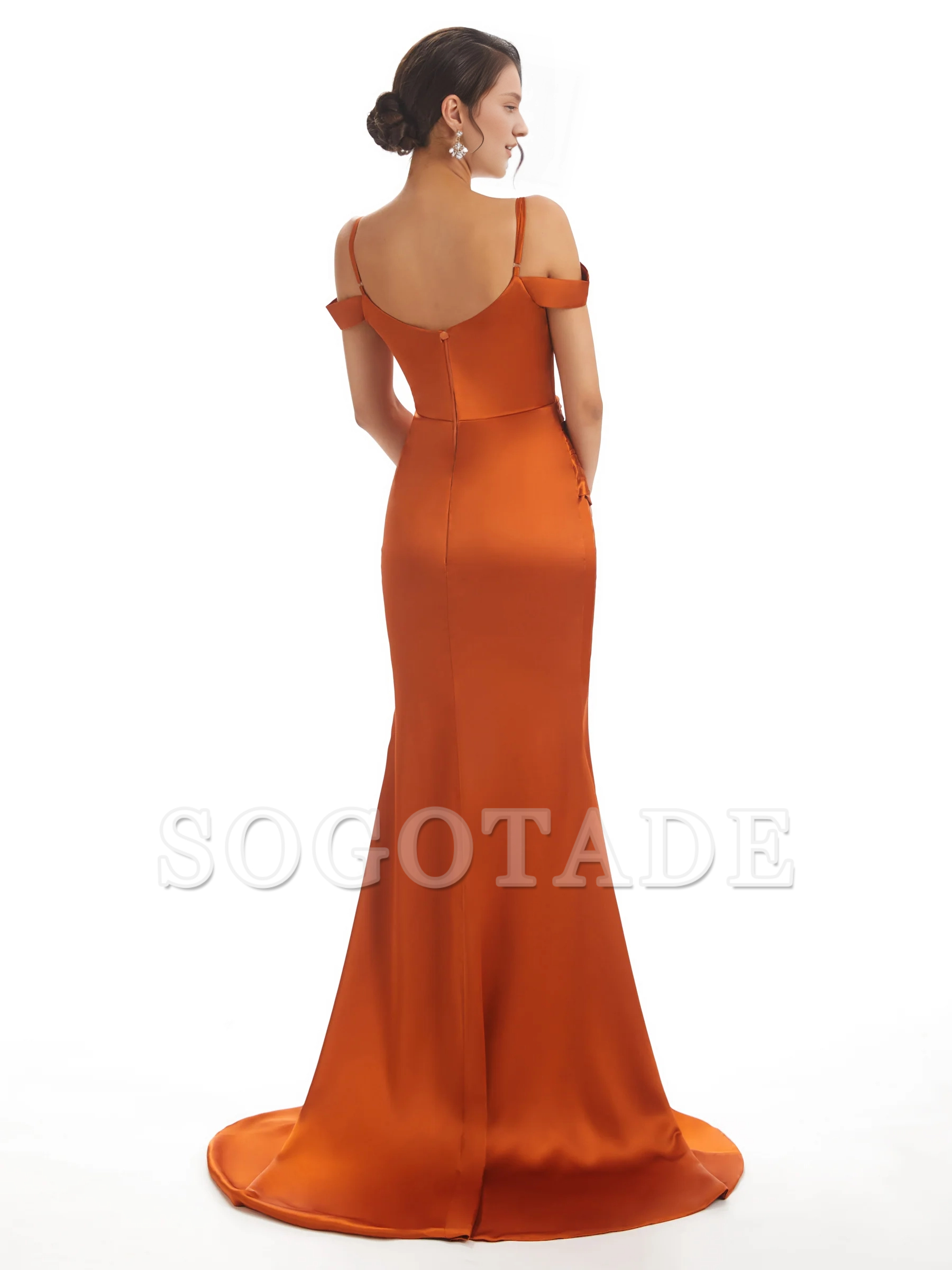 Sexy off shoulder soft satin side slit long fish tail bridesmaid dress