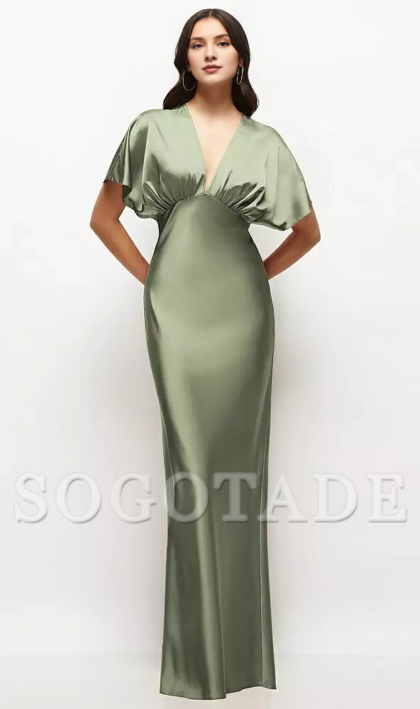 Deep V-neck kimono sleeves twill satin long bridesmaid dress