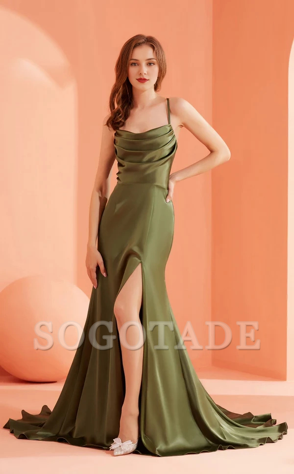 Thin shoulder strap hood with sleeveless collar side slits and floor length Prom dress