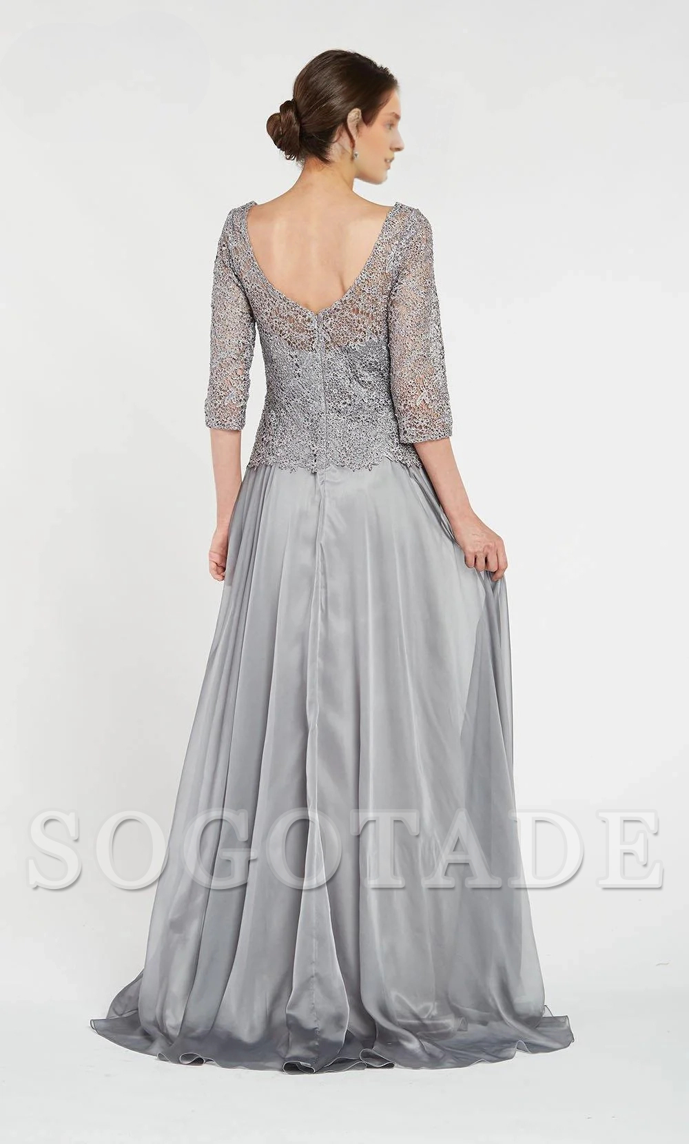 One necked half sleeved lace chiffon formal long mothers of the bride dresses