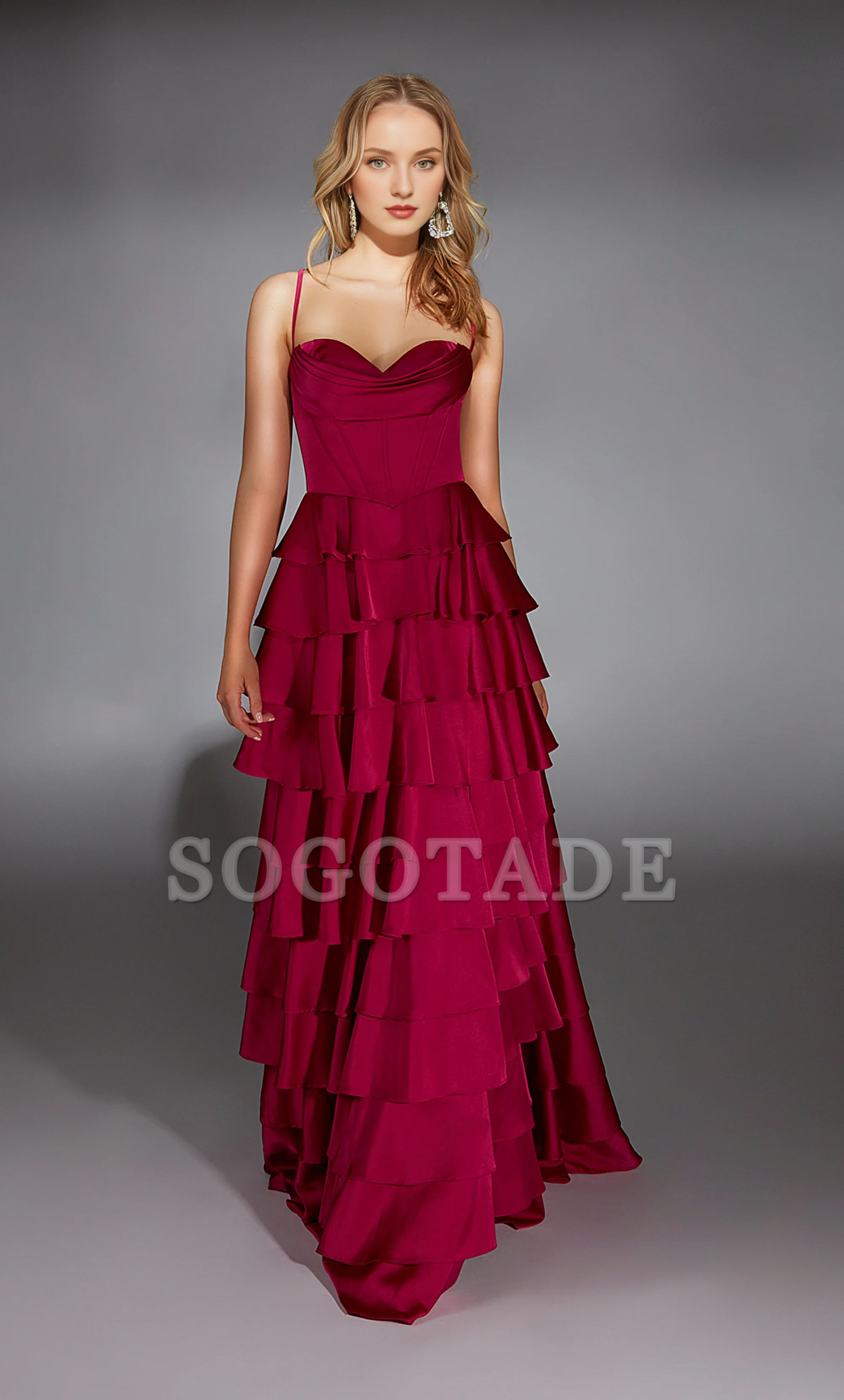 Satin chiffon evening gown high neck A-line back lace up slit tight corset long formal dress