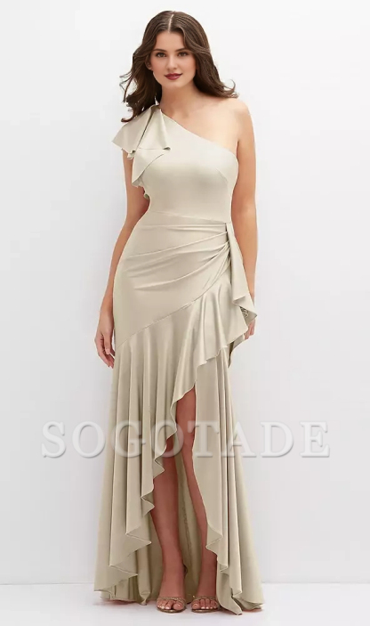 Stacked ruffled flamenco skirt with one shoulder  satin mermaid prom dress