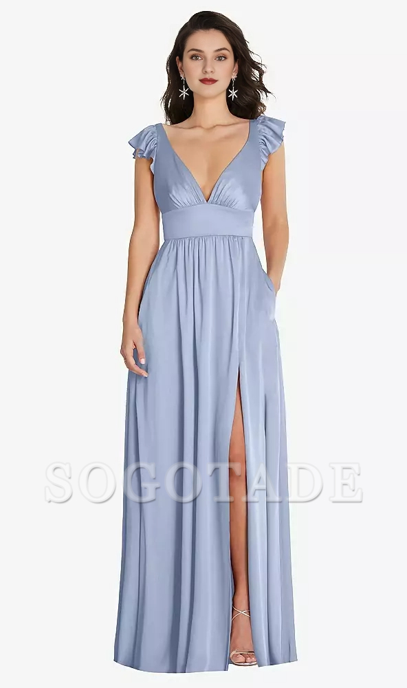 Deep V-neck dual-use shoulder strap with ruffled edge cover sleeve length Prom dress