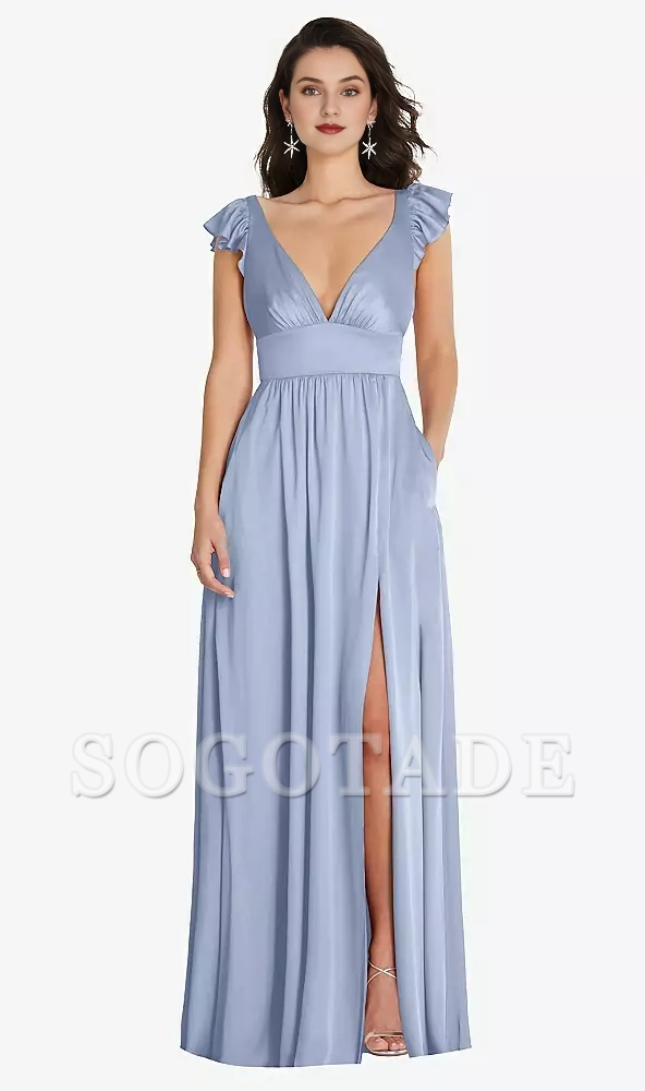Deep V-neck dual-use shoulder strap with ruffled edge cover sleeve length Prom dress