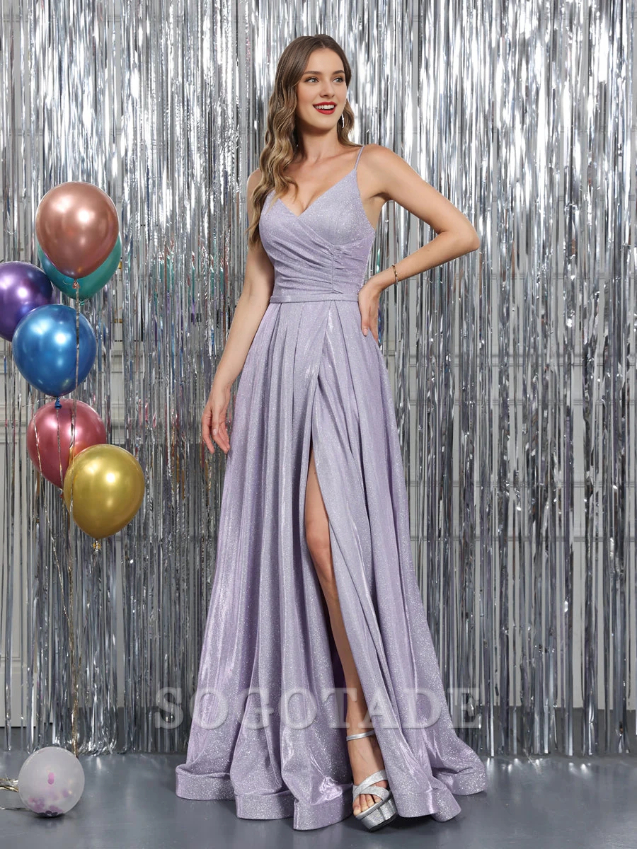 A-line slim shoulder strap V-neck sleeveless metal Lulux long ball gown