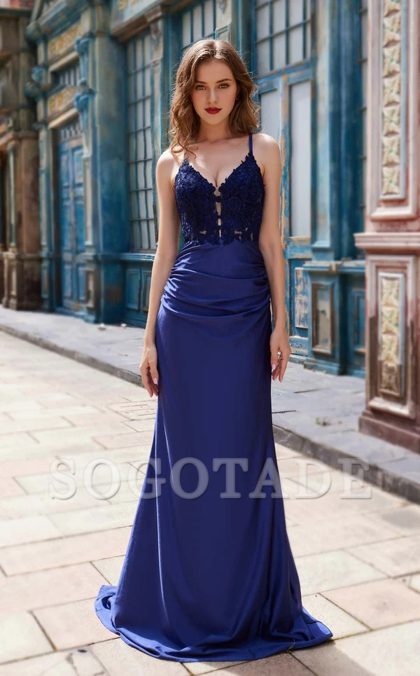Deep V-neck floral embroidery tight fitting clothing and floor length Prom dress