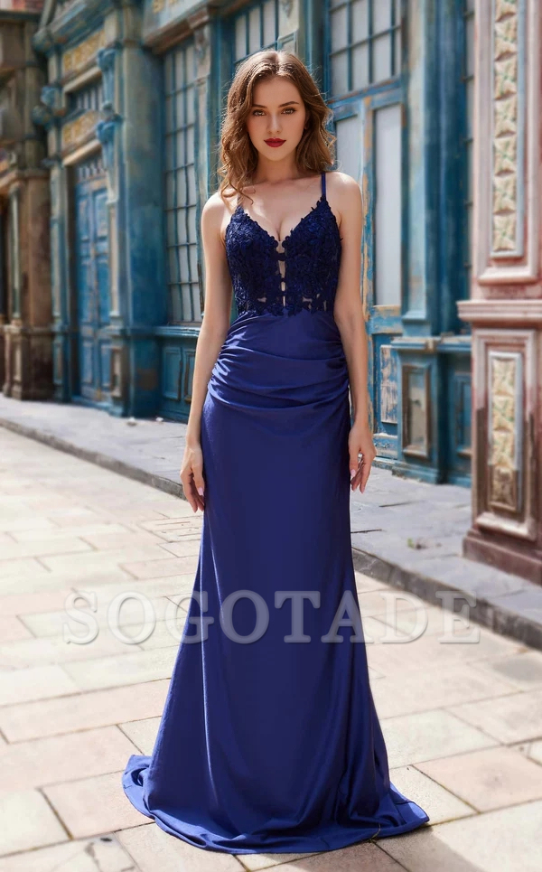 Deep V-neck floral embroidery tight fitting clothing and floor length Prom dress