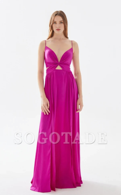A-line deep V-neck thin shoulder strap and floor length evening dress-SOGOTADE