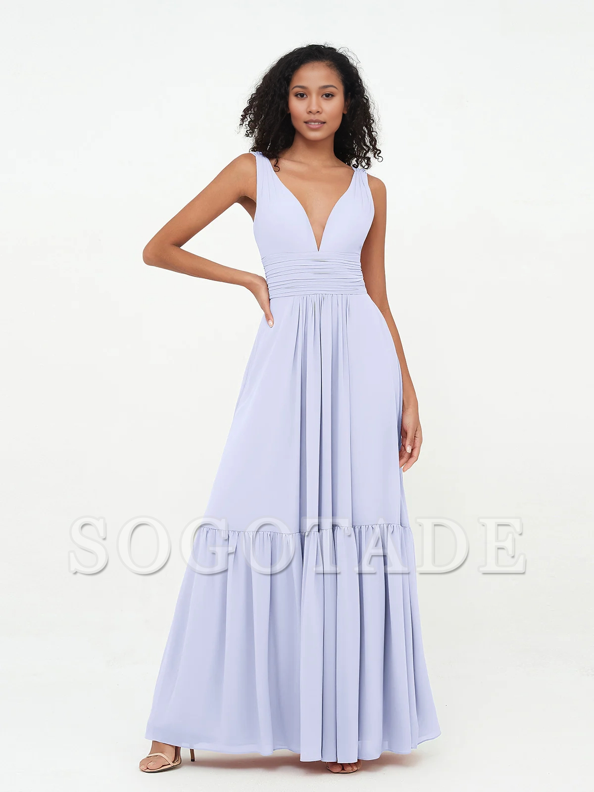 Deep V-neck chiffon layered skirt Bohemian style dress