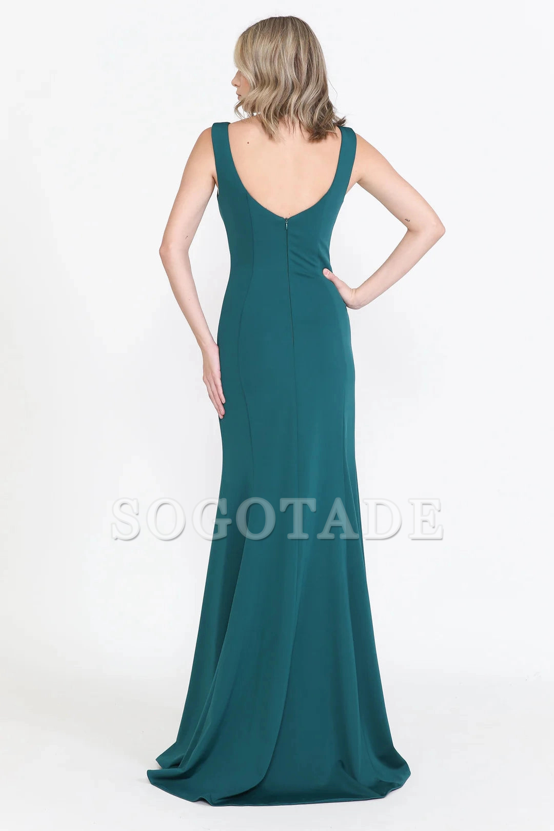 Long illusion deep V-neck fitted dress