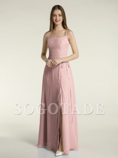 Simple slim shoulder strap slit chiffon dress