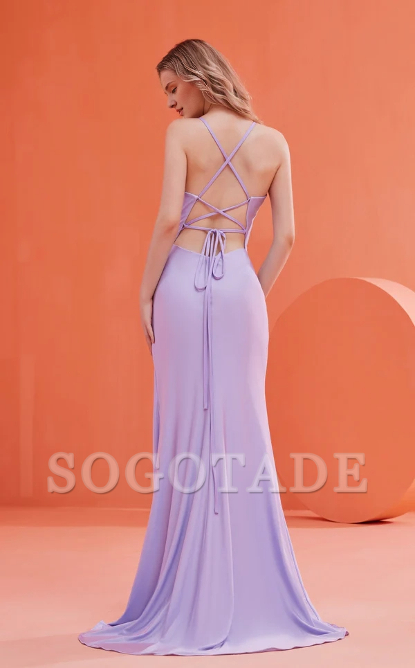 Deep V-neck slim shoulder strap sleeveless tight corset and floor length Prom dress