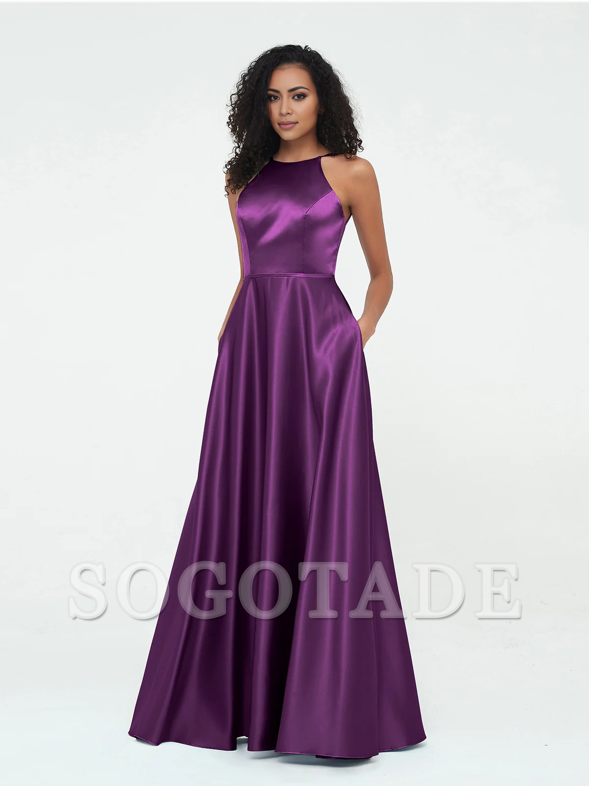A-line hanging neck large pocket satin dress-SOGOTADE