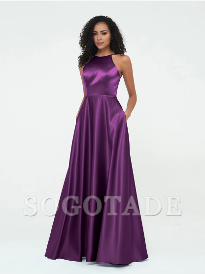 A-line hanging neck large pocket satin dress-SOGOTADE