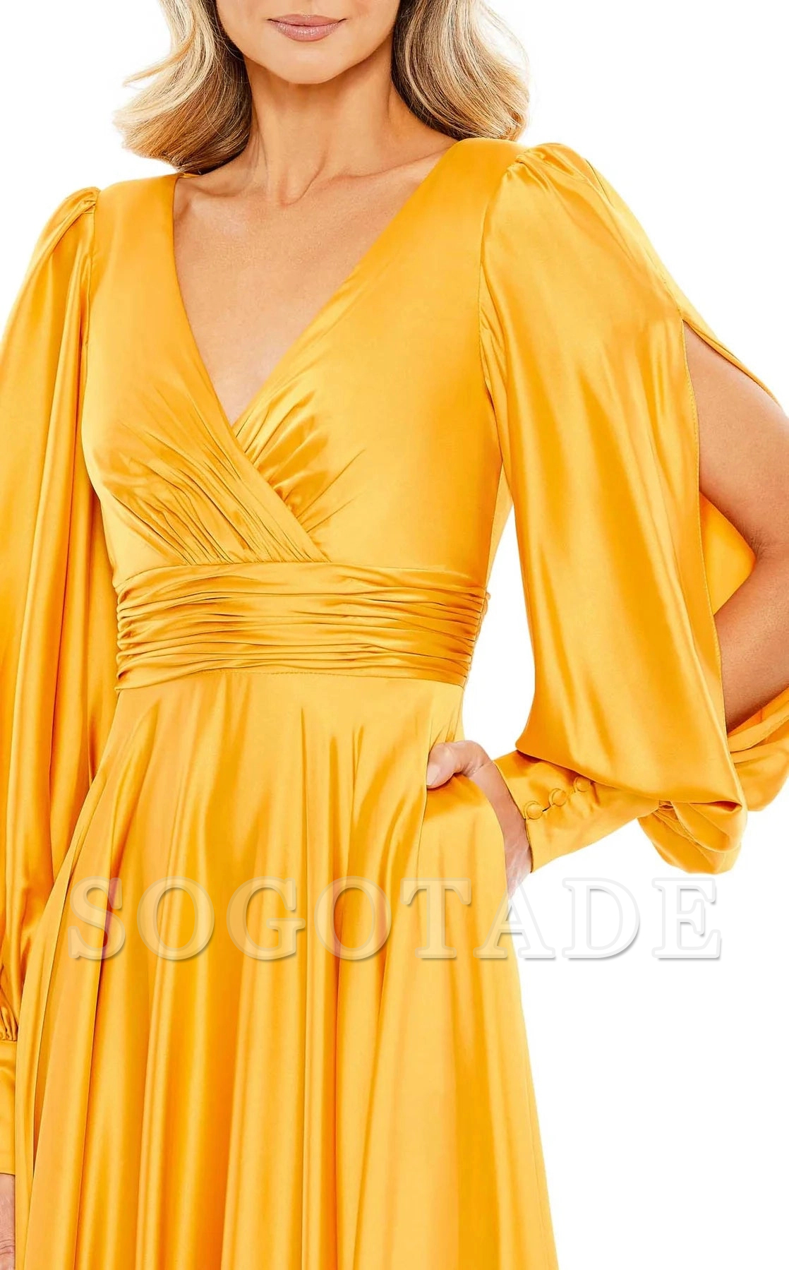A-line V-neck satin long sleeved back zipper and floor length Prom dress